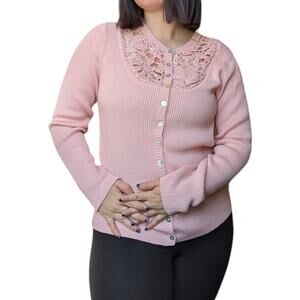 Vintage Victor Costa Pastel Pink Wool Cardigan Sweater Ribbed Knit Womens Small